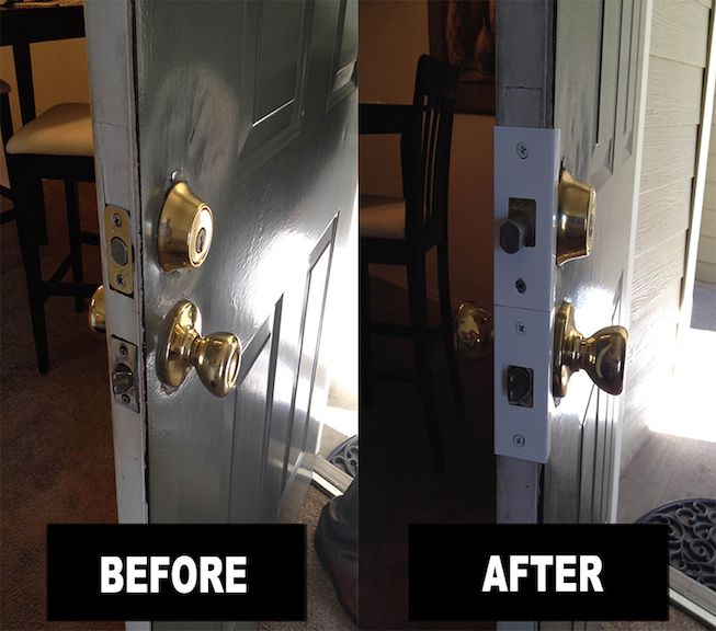 Apartment door kicked in: jamb before and after repair with a steel jamb shield