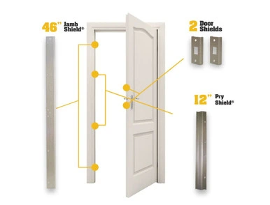 Door Armor MINI PLUS kit for apartment doors: jamb shield, two door shields and pry shield