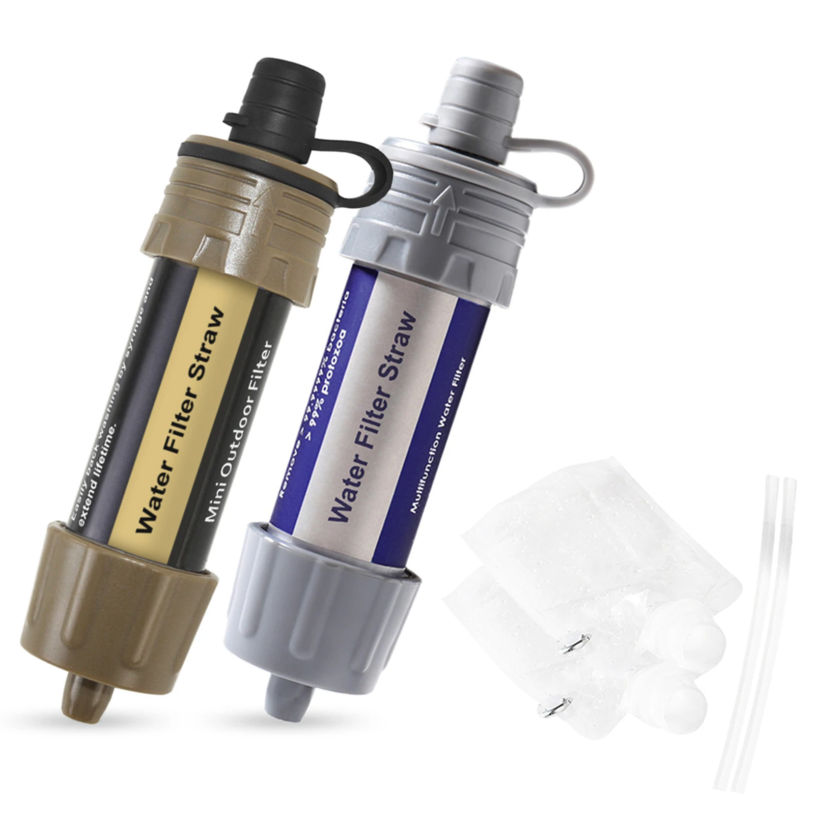 Outdoor Water Filter Straw Portable Emergency Water Purifier for Camping Hiking Survival Travel Filtration System (Grey and Brown)