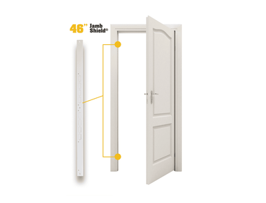 Door Armor Jamb Shield installed on the door frame beside the deadbolt